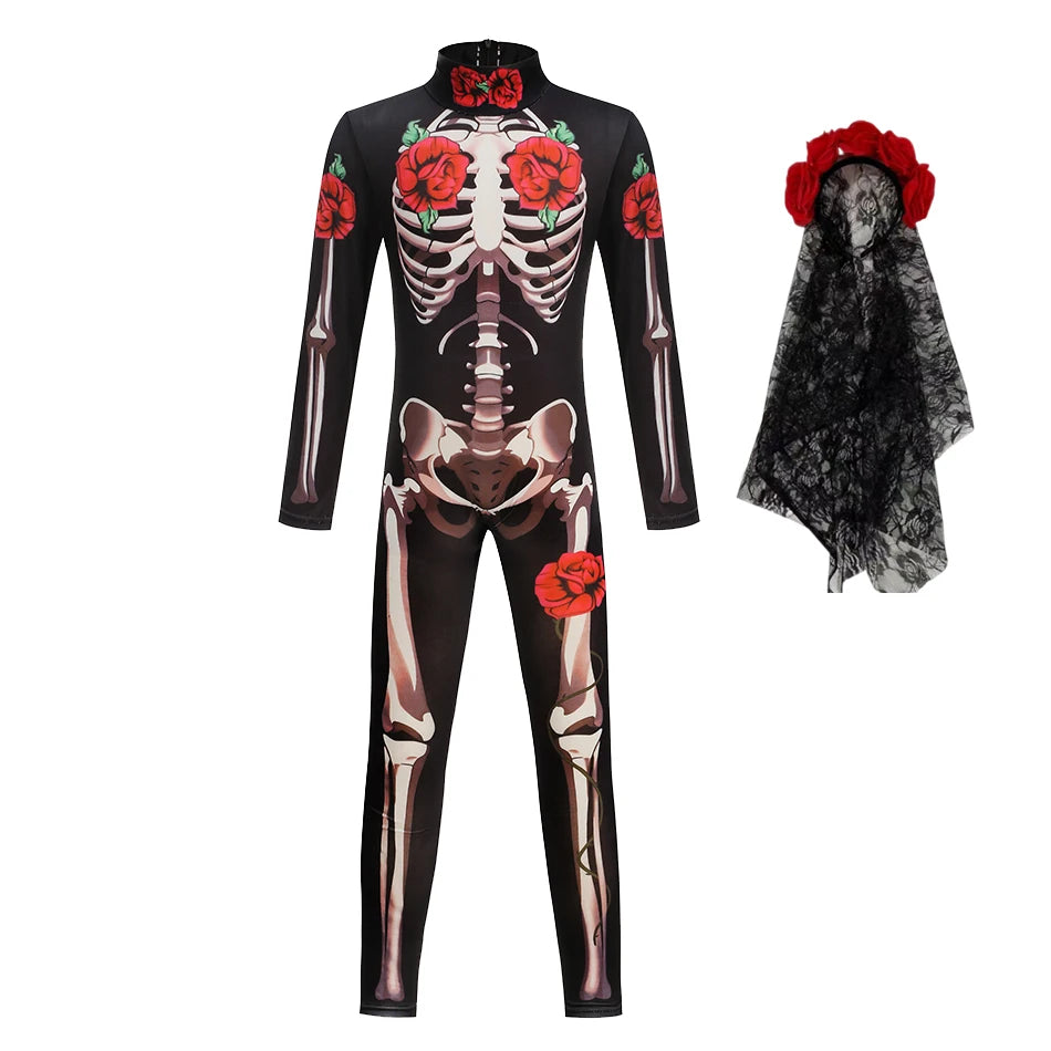 Combinaison squelette pour filles, costume de cosplay d'Halloween, combinaison gothique de mariée fantôme, vêtements de fête pour enfants
