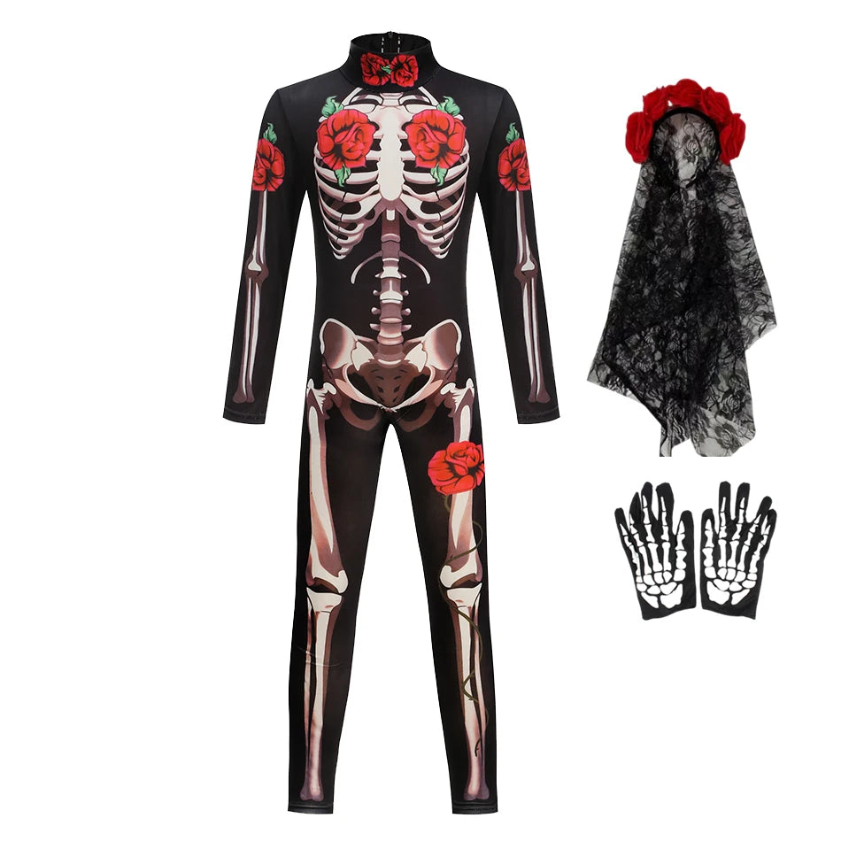 Combinaison squelette pour filles, costume de cosplay d'Halloween, combinaison gothique de mariée fantôme, vêtements de fête pour enfants